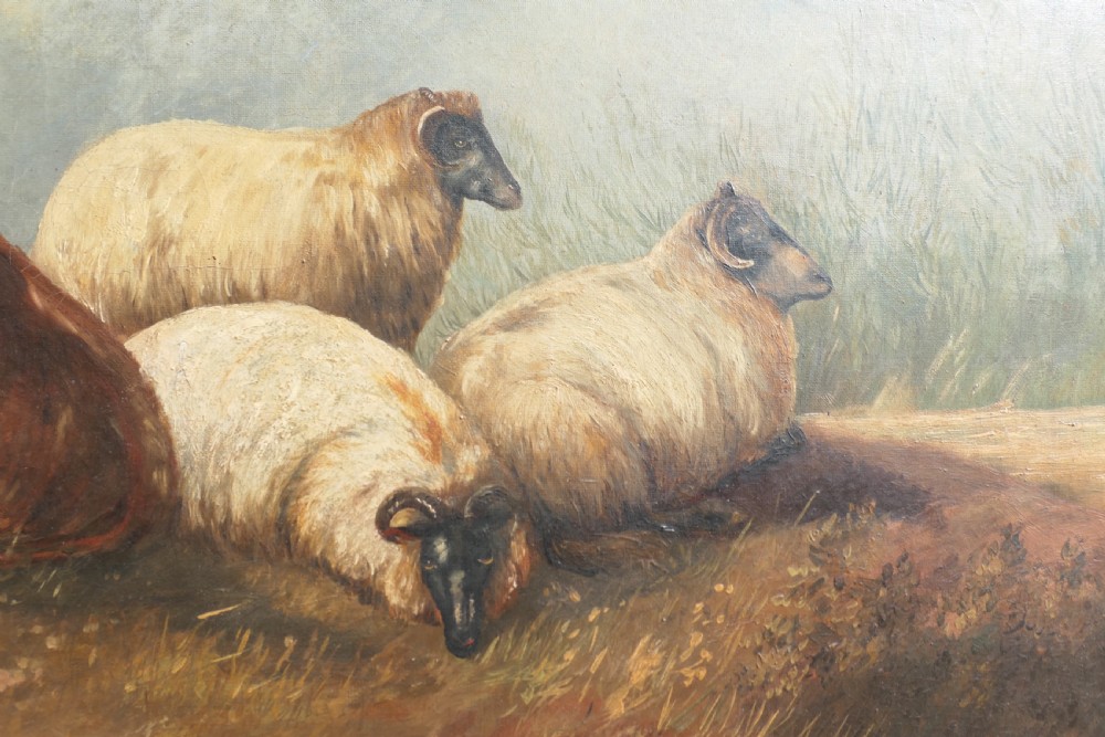 Large Unsigned Victorian Oil Painting, of a Cow and Sheep View IV