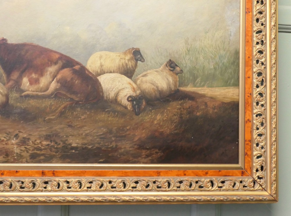 Large Unsigned Victorian Oil Painting, of a Cow and Sheep View V