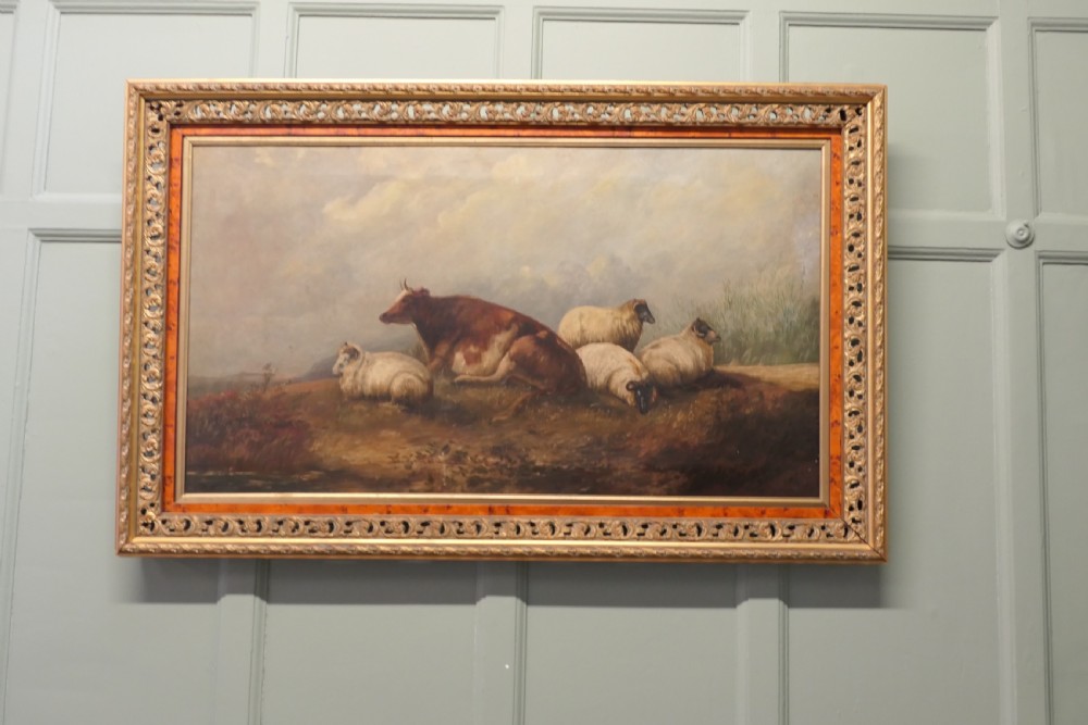 Large Unsigned Victorian Oil Painting, of a Cow and Sheep View VI
