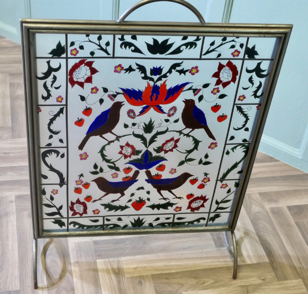 A Victorian Art Nouveau Painted Glass Fire Screen View V