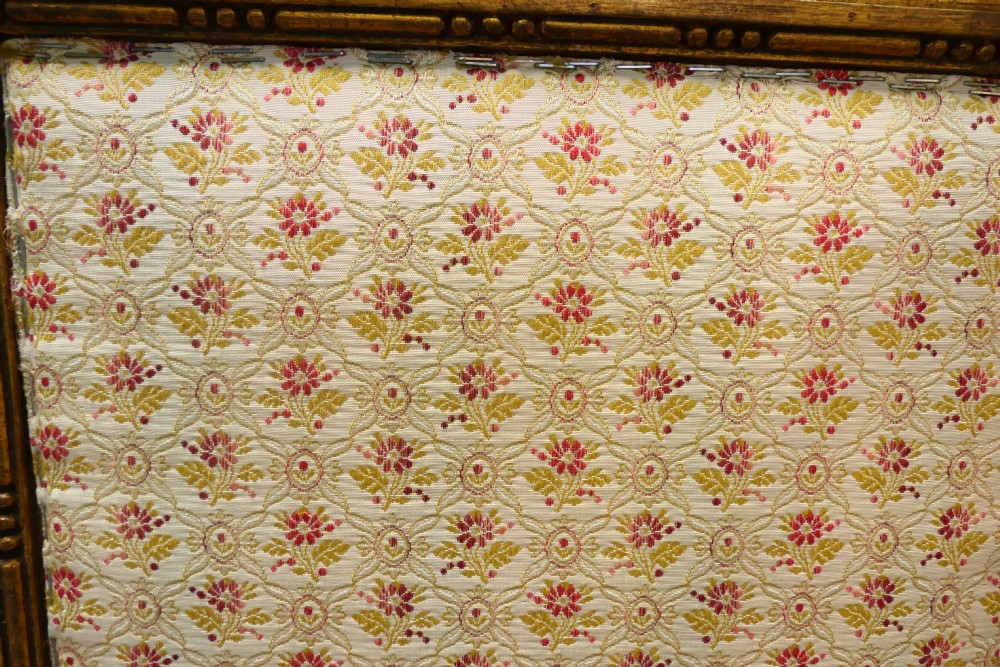 A four-panel French folding screen featuring gilded wood frames, glazed mirror panes at the top, and upholstered fabric lower sections. View II