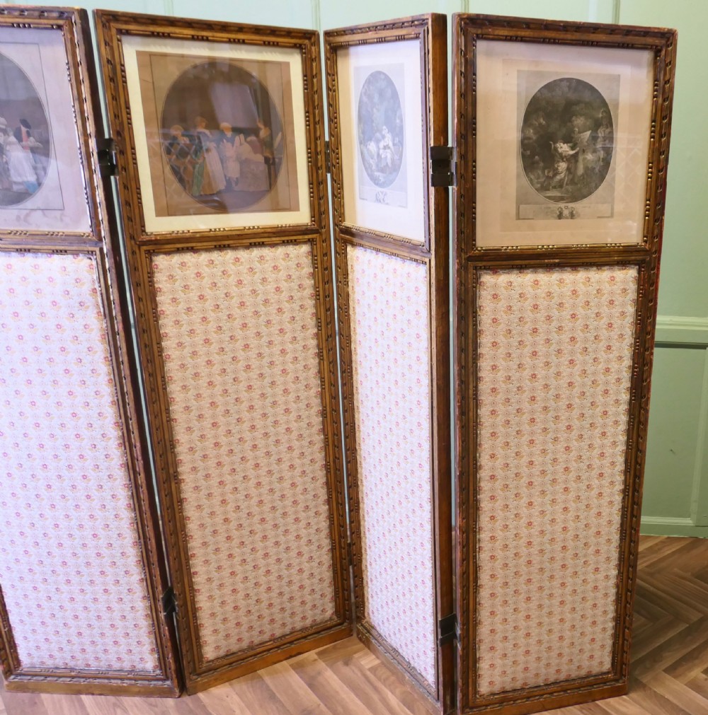 A four-panel French folding screen featuring gilded wood frames, glazed mirror panes at the top, and upholstered fabric lower sections. View III