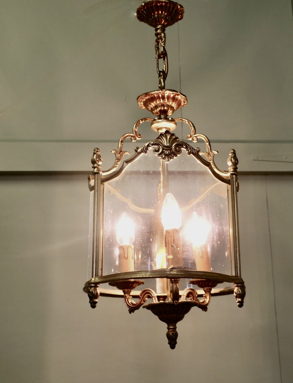 Large French Rocco Style Brass and Glass Lantern Hall Light View III