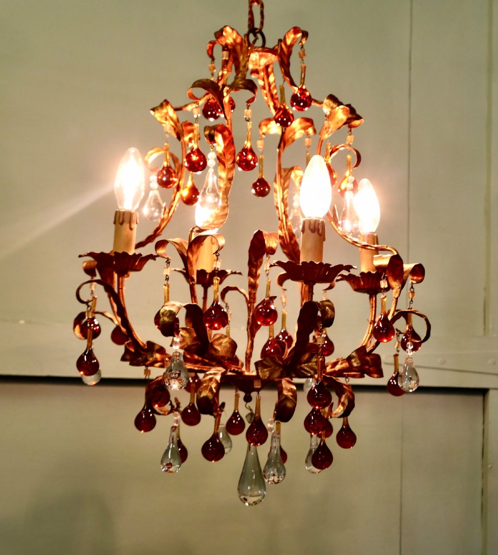 A Charming French Amber Crystal and Toleware Chandelier View IV