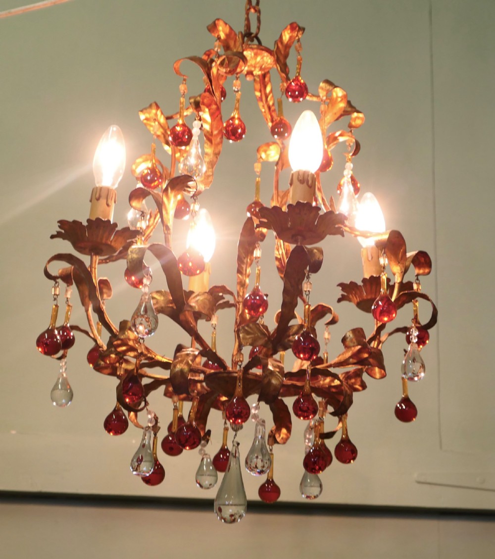A Charming French Amber Crystal and Toleware Chandelier View V