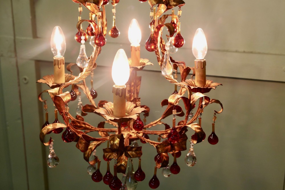 A Charming French Amber Crystal and Toleware Chandelier View VI