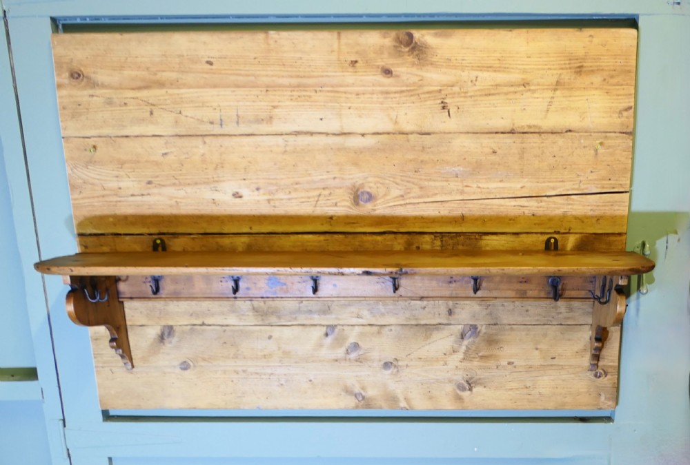 Long French Pine Wall Shelf, with Blacksmith made Hooks