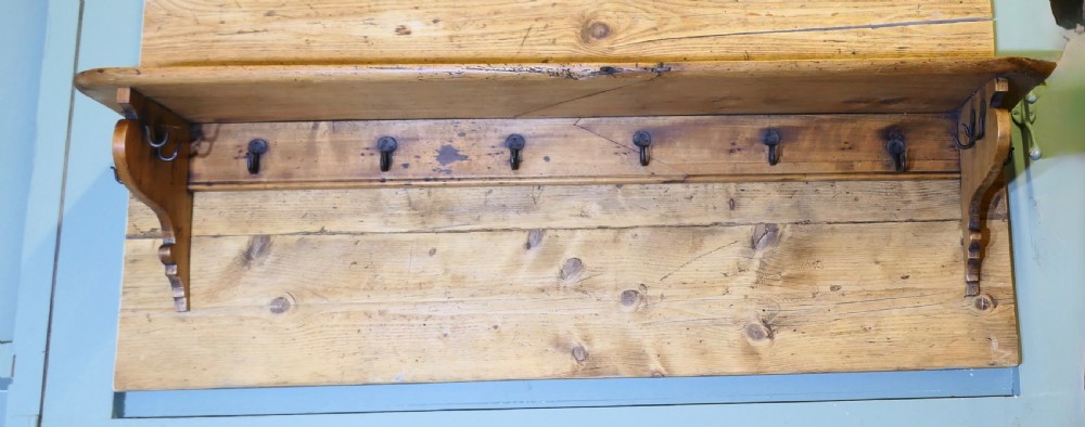 Long French Pine Wall Shelf, with Blacksmith made Hooks View II