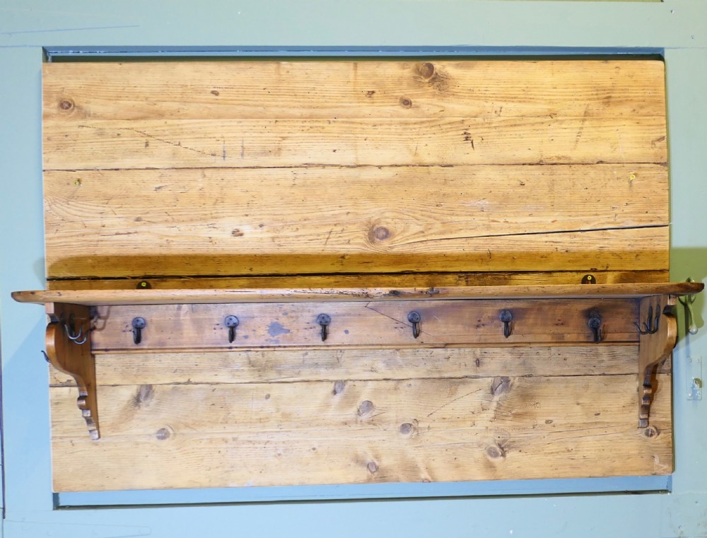 Long French Pine Wall Shelf, with Blacksmith made Hooks View III