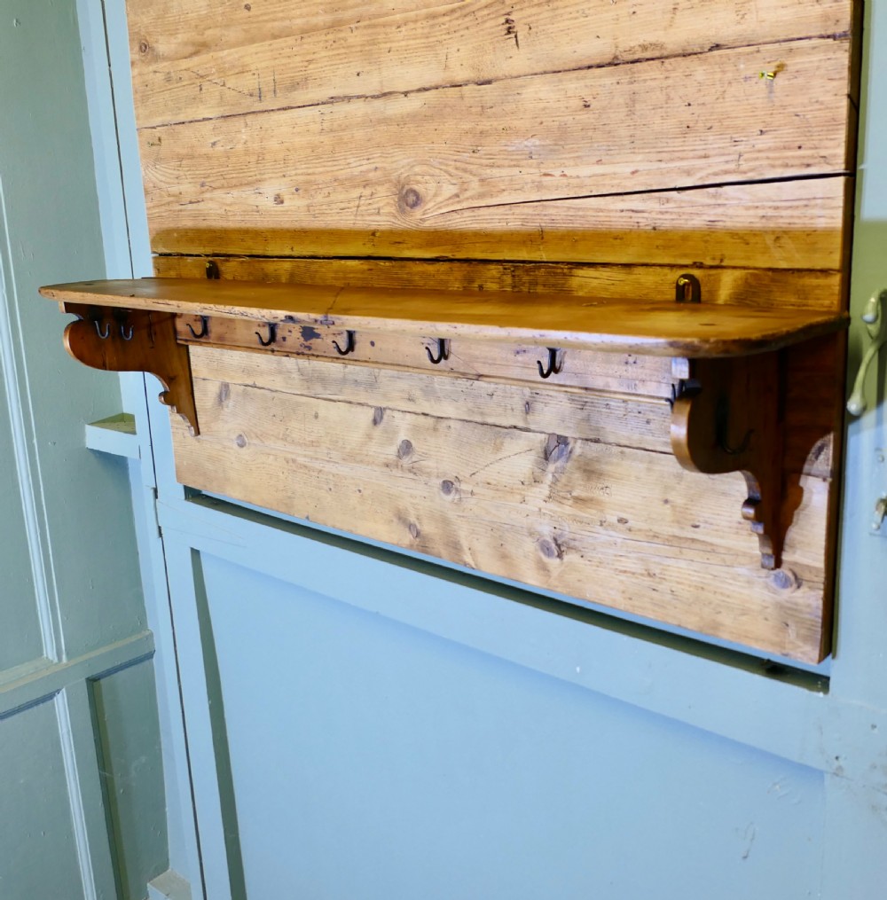Long French Pine Wall Shelf, with Blacksmith made Hooks View IV