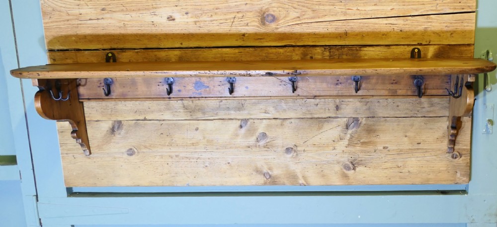Long French Pine Wall Shelf, with Blacksmith made Hooks View V