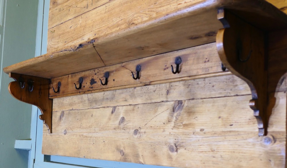 Long French Pine Wall Shelf, with Blacksmith made Hooks View VI