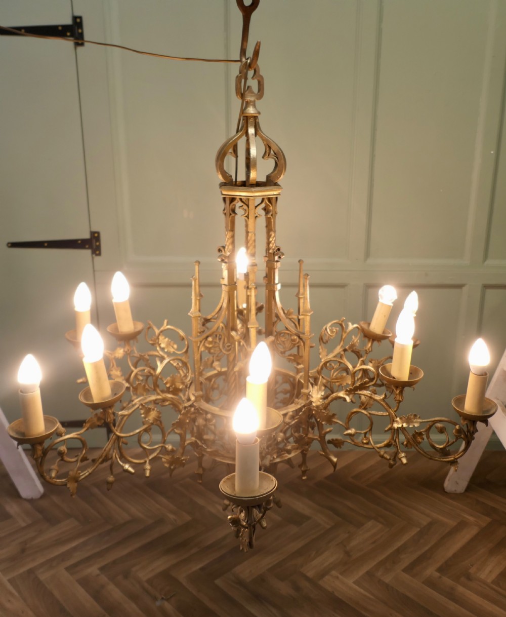 Very Large Gothic Gilt Church Chandelier View V