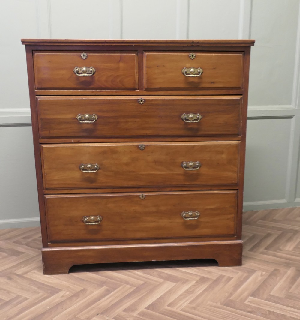 A large Edwardian walnut chest of drawers featuring two short drawers over three long drawers with brass drop handles.