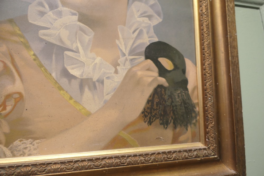 A framed oil portrait painting on board depicting a woman with short curly hair holding a black masquerade mask, dressed in a ruffled collar inside a gilded wood frame. View IV