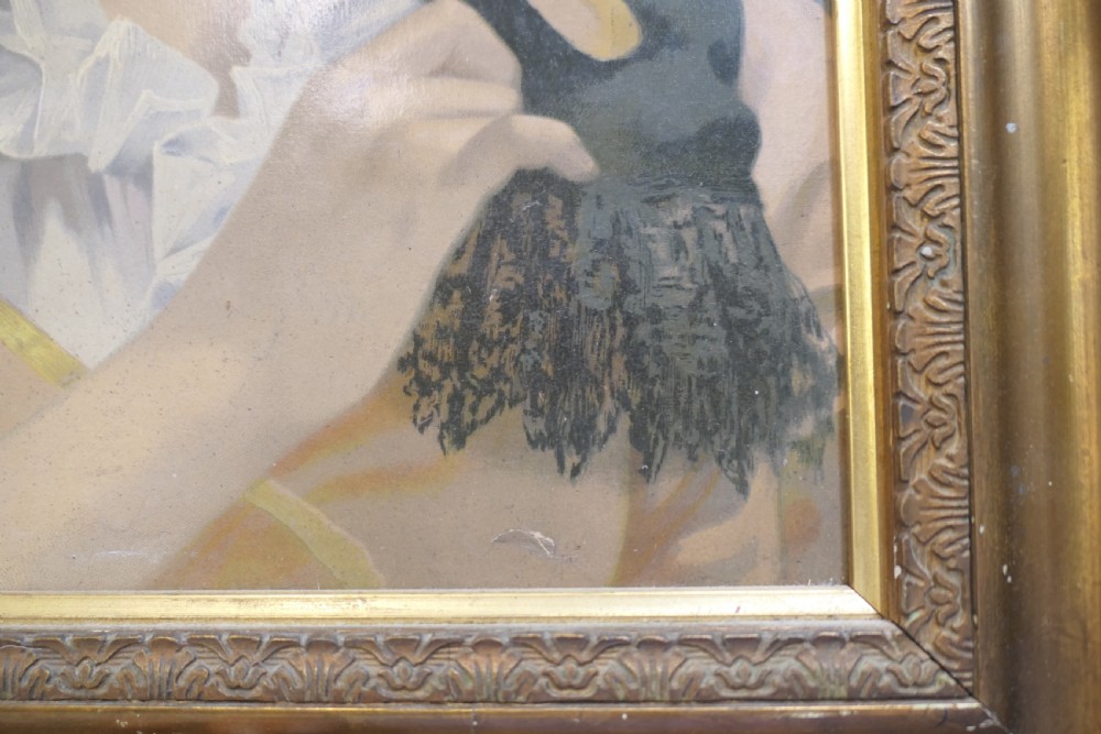 A framed oil portrait painting on board depicting a woman with short curly hair holding a black masquerade mask, dressed in a ruffled collar inside a gilded wood frame. View V