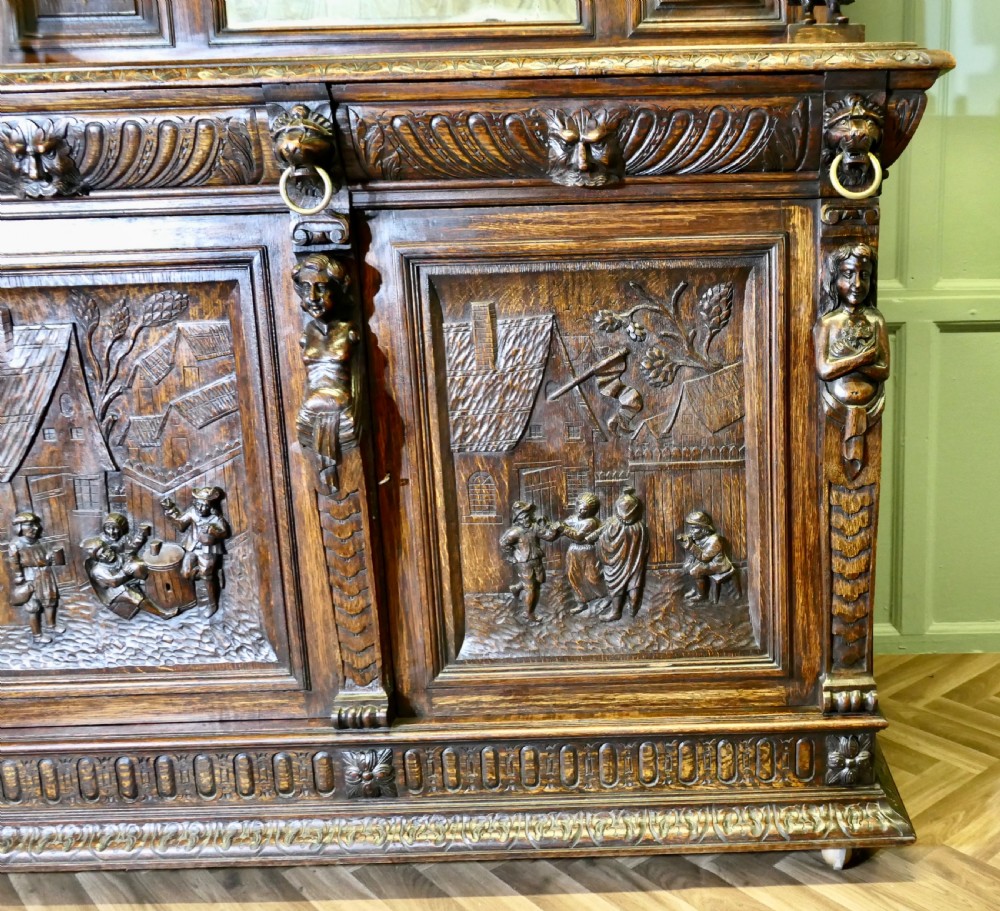 19th Century Carved Oak Mirror Back Dresser with Green Man Carvings View II