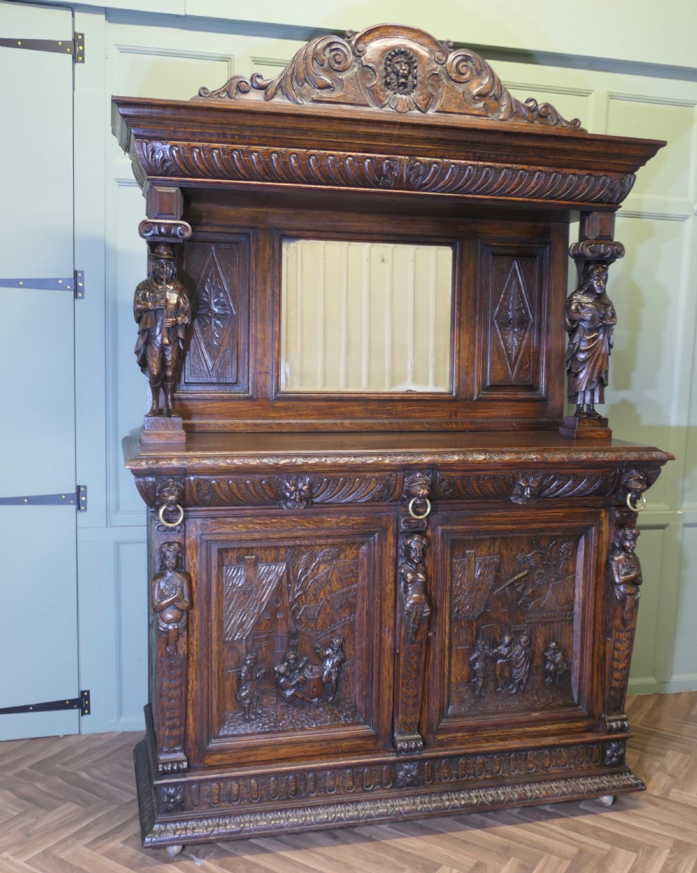 19th Century Carved Oak Mirror Back Dresser with Green Man Carvings View III