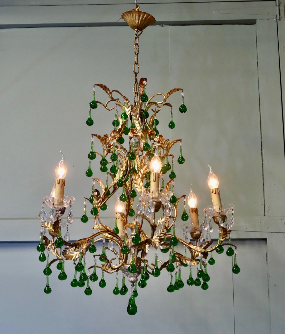 A Splendid French Emerald Green and Gold 6 Arm Chandelier