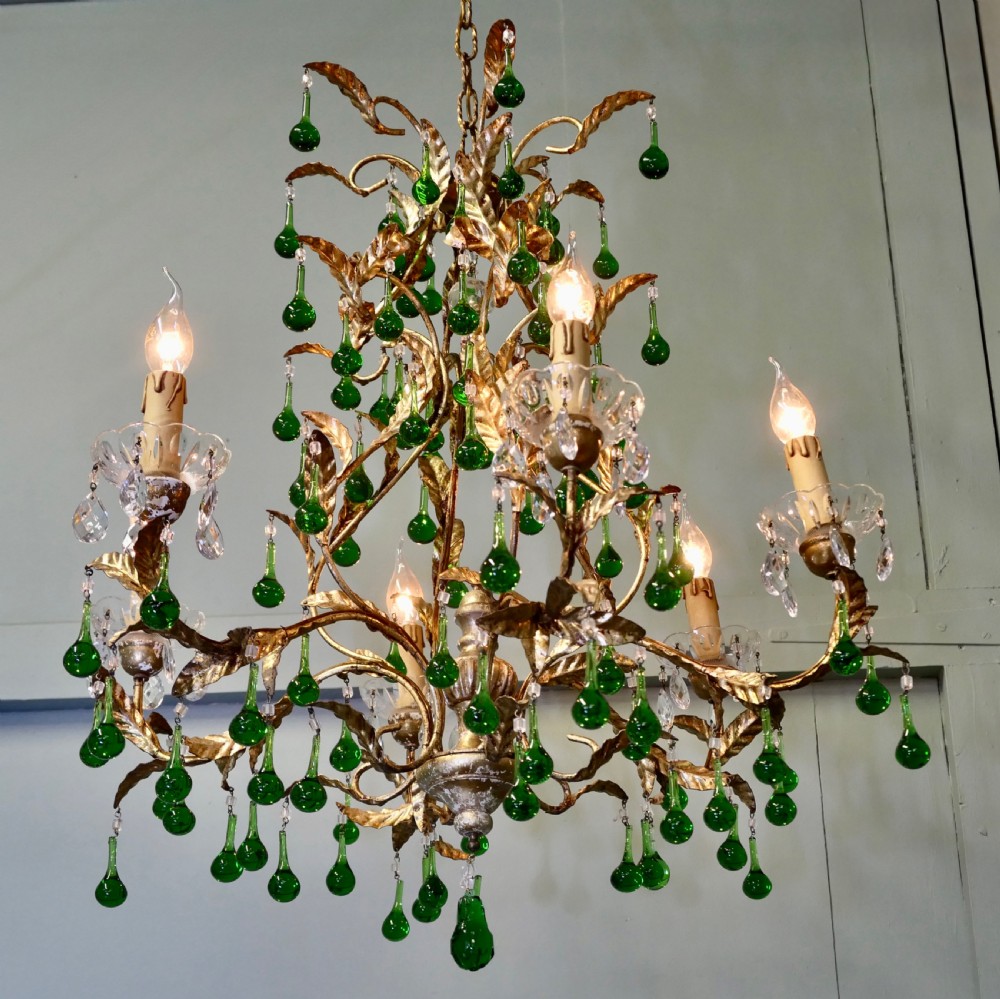 A Splendid French Emerald Green and Gold 6 Arm Chandelier View II