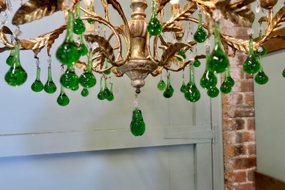 A Splendid French Emerald Green and Gold 6 Arm Chandelier View III