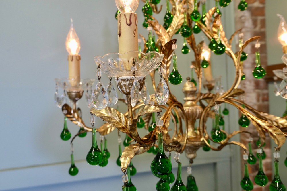 A Splendid French Emerald Green and Gold 6 Arm Chandelier View V