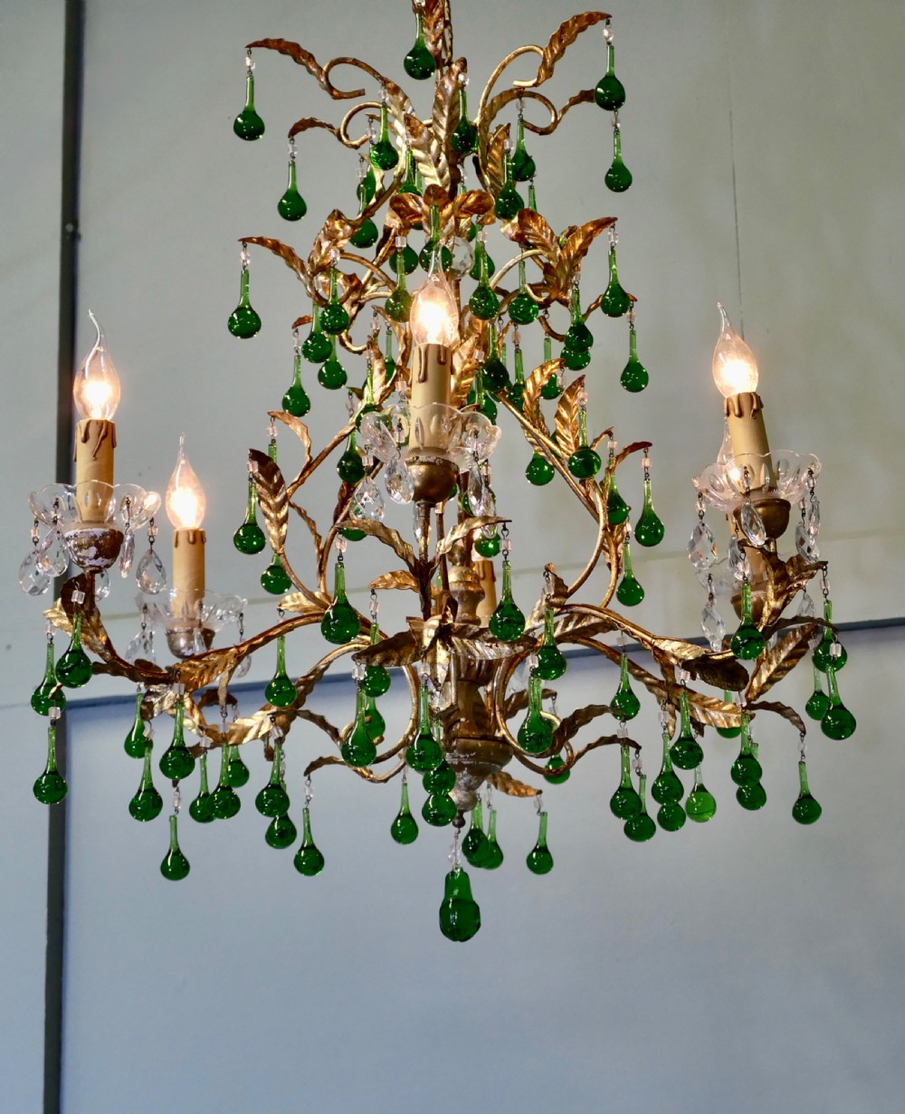 A Splendid French Emerald Green and Gold 6 Arm Chandelier View VI