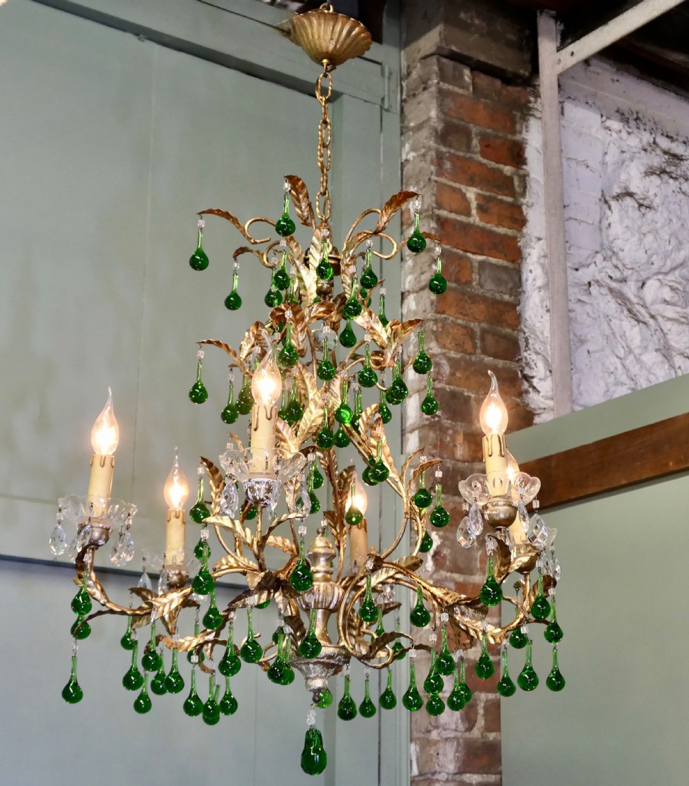 A Splendid French Emerald Green and Gold 6 Arm Chandelier View VII