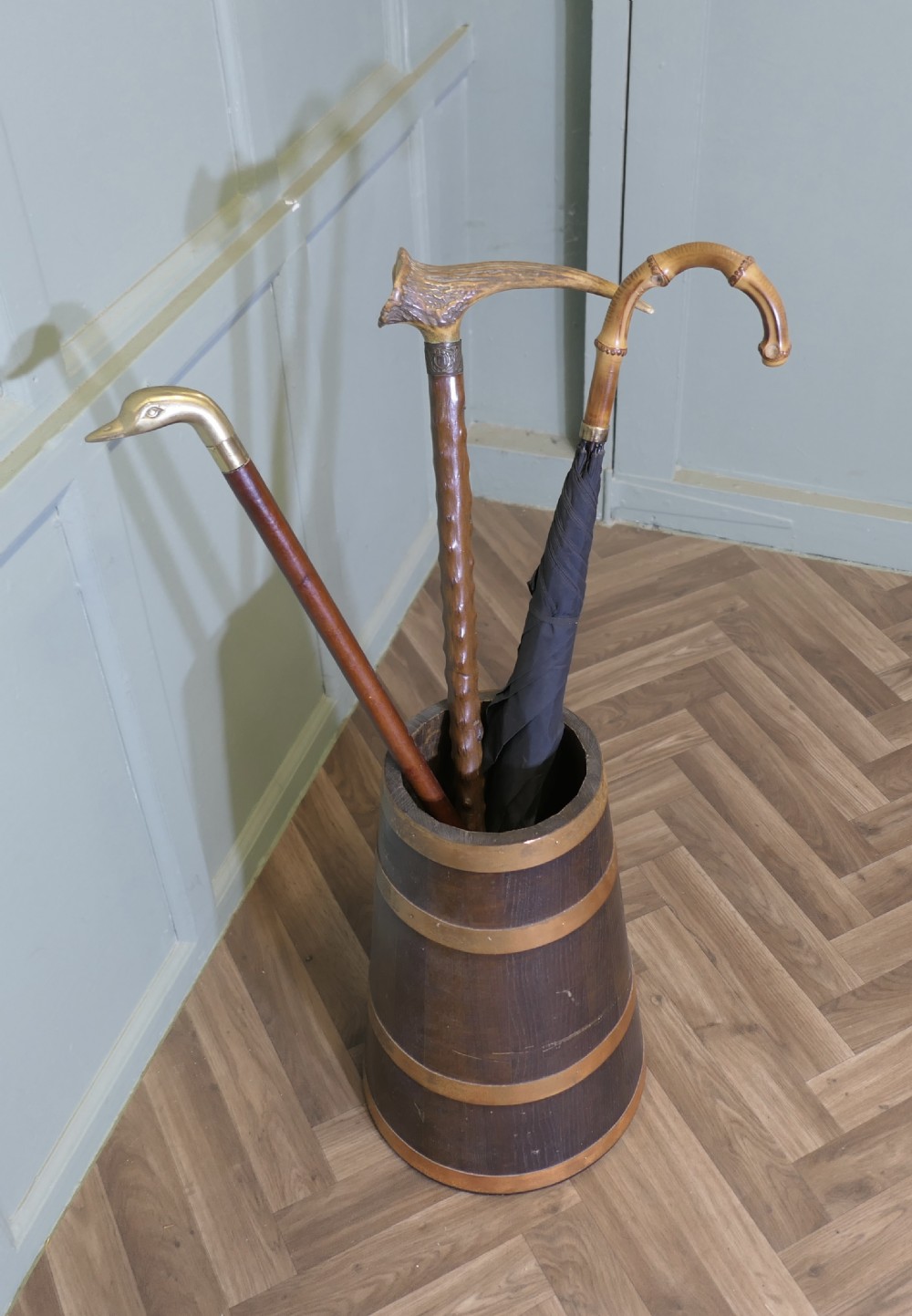Copper and Oak Barrel Stick Stand View V