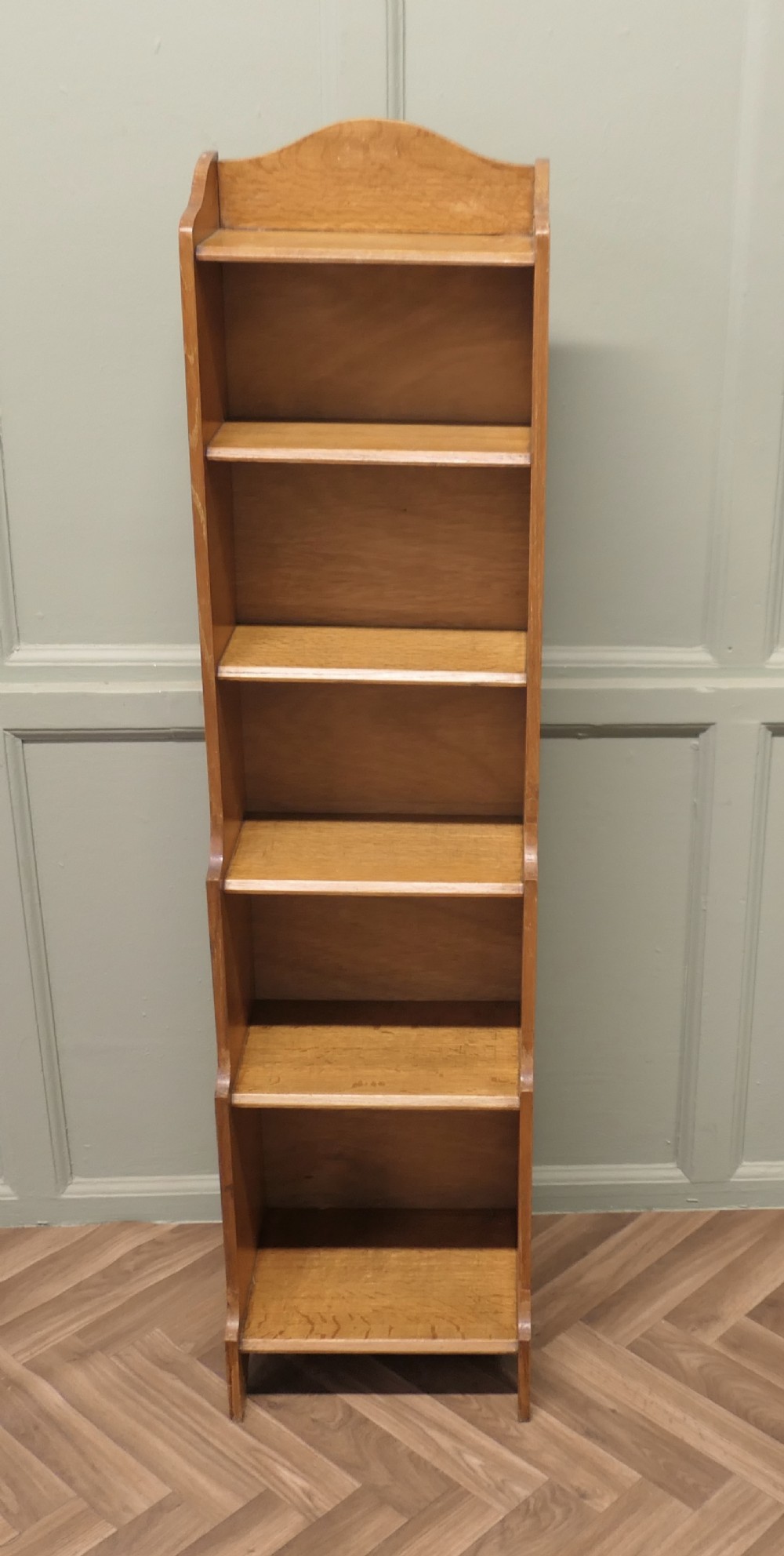 Art Deco Tall Slim Golden Oak Bookcase.