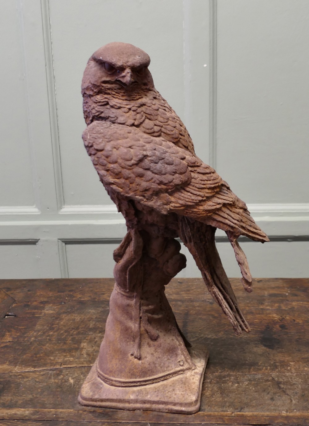 2ft Tall  Weathered Cast Iron Statue of a Falcon on a Gloved Hand