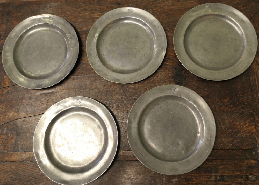 5 Pewter Chargers, Embossed with a “Crown over D”