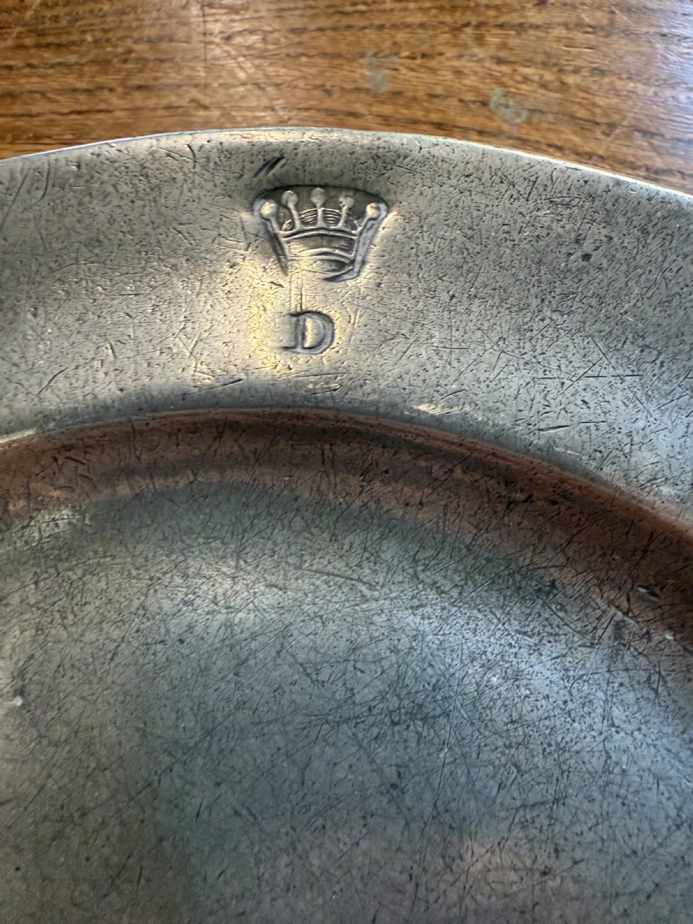 5 Pewter Chargers, Embossed with a “Crown over D” View II