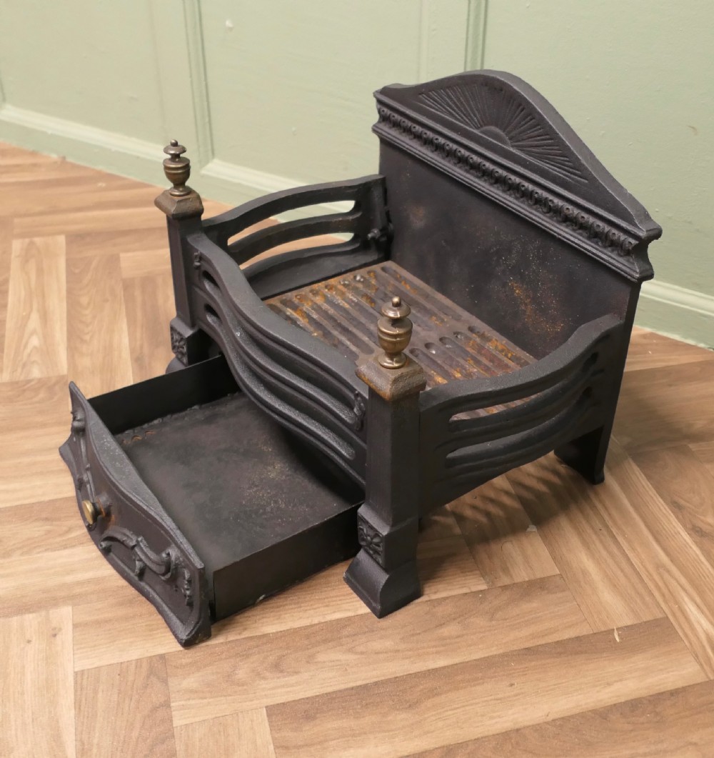 Art Deco Style Free Standing Fire Basket with Decorative Back and Ash Pan View IV
