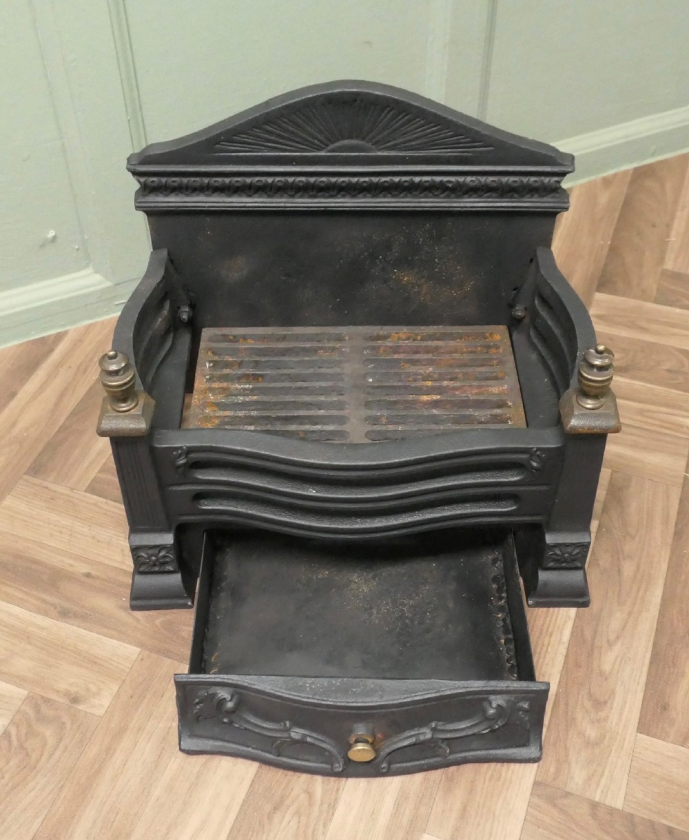 Art Deco Style Free Standing Fire Basket with Decorative Back and Ash Pan View V
