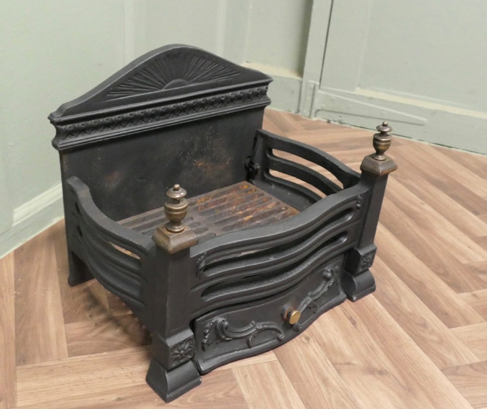 Art Deco Style Free Standing Fire Basket with Decorative Back and Ash Pan View VI