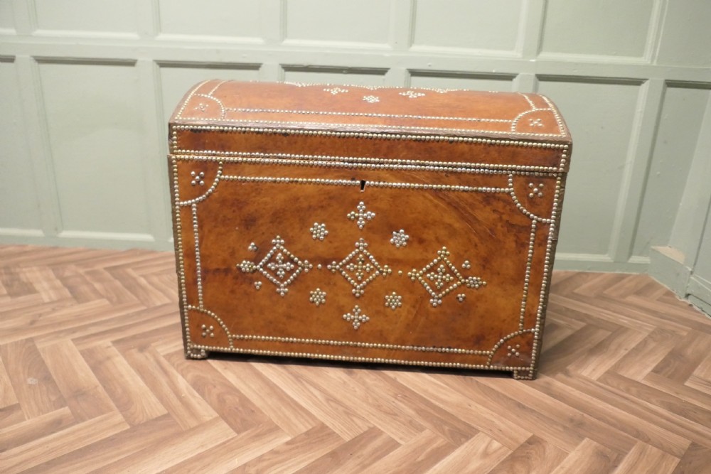French Country House Chic Leather and Brass Bound Chest