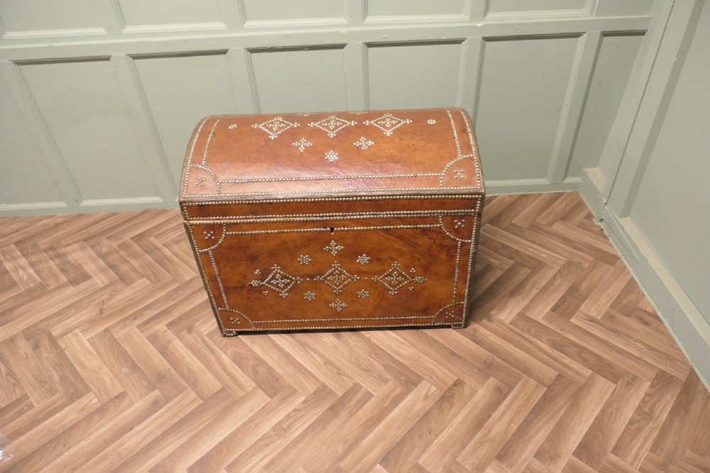 French Country House Chic Leather and Brass Bound Chest View II