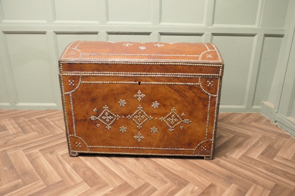 French Country House Chic Leather and Brass Bound Chest View III
