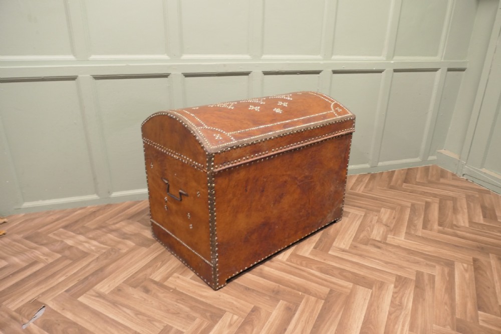French Country House Chic Leather and Brass Bound Chest View IV