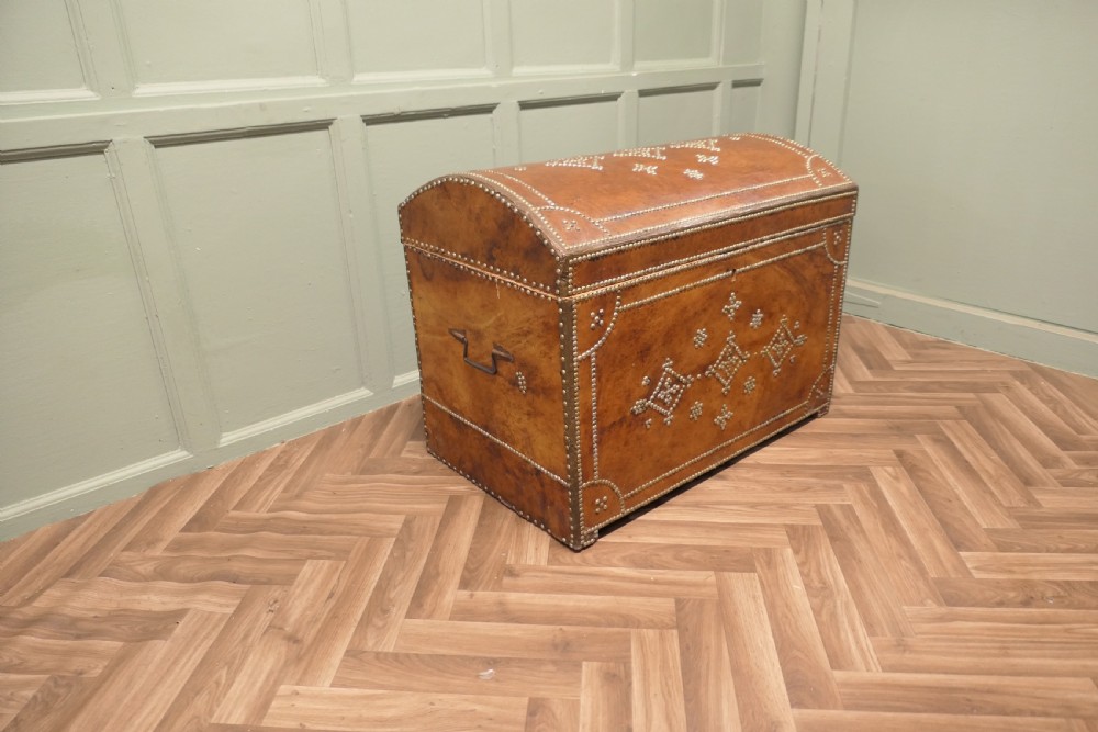 French Country House Chic Leather and Brass Bound Chest View V
