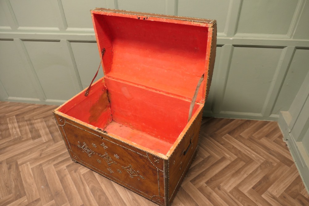 French Country House Chic Leather and Brass Bound Chest View VI