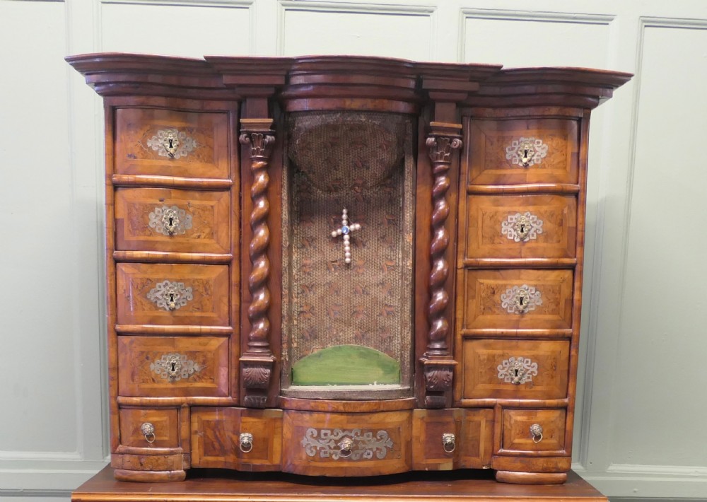 A Baroque burr walnut tabletop escritoire cabinet with a central revolving tabernacle flanked by barley-twist columns and small side drawers. View III