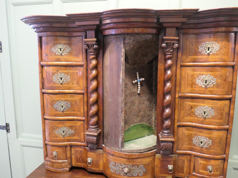 A Baroque burr walnut tabletop escritoire cabinet with a central revolving tabernacle flanked by barley-twist columns and small side drawers. View VII
