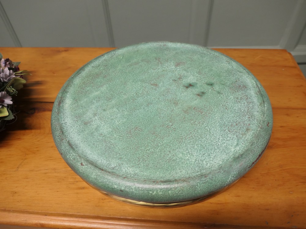 A round French copper rose bowl featuring a green verdigris finish and a polished brass rope-twist rim. View II