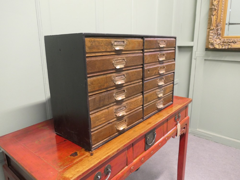 A desktop oak cabinet featuring twelve shallow drawers arranged in two columns, fitted with brass cup handles and label holders. View II