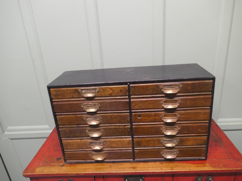 A desktop oak cabinet featuring twelve shallow drawers arranged in two columns, fitted with brass cup handles and label holders. View V