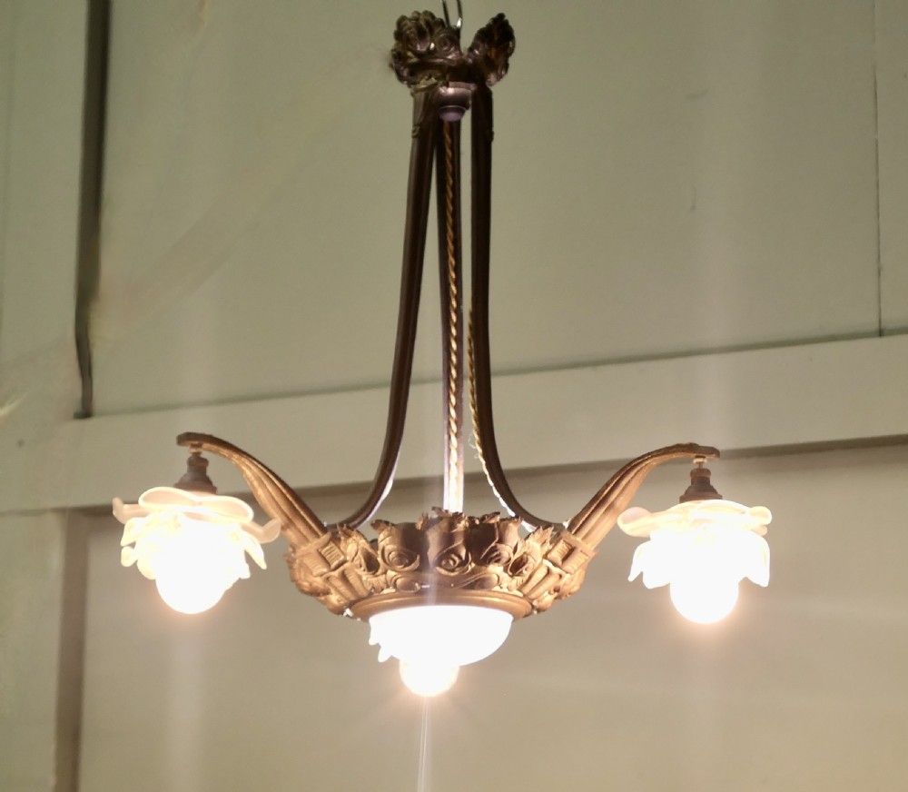 Art Deco Brass and Glass 3 Branch Centre Light