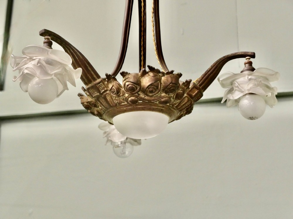 Art Deco Brass and Glass 3 Branch Centre Light View II