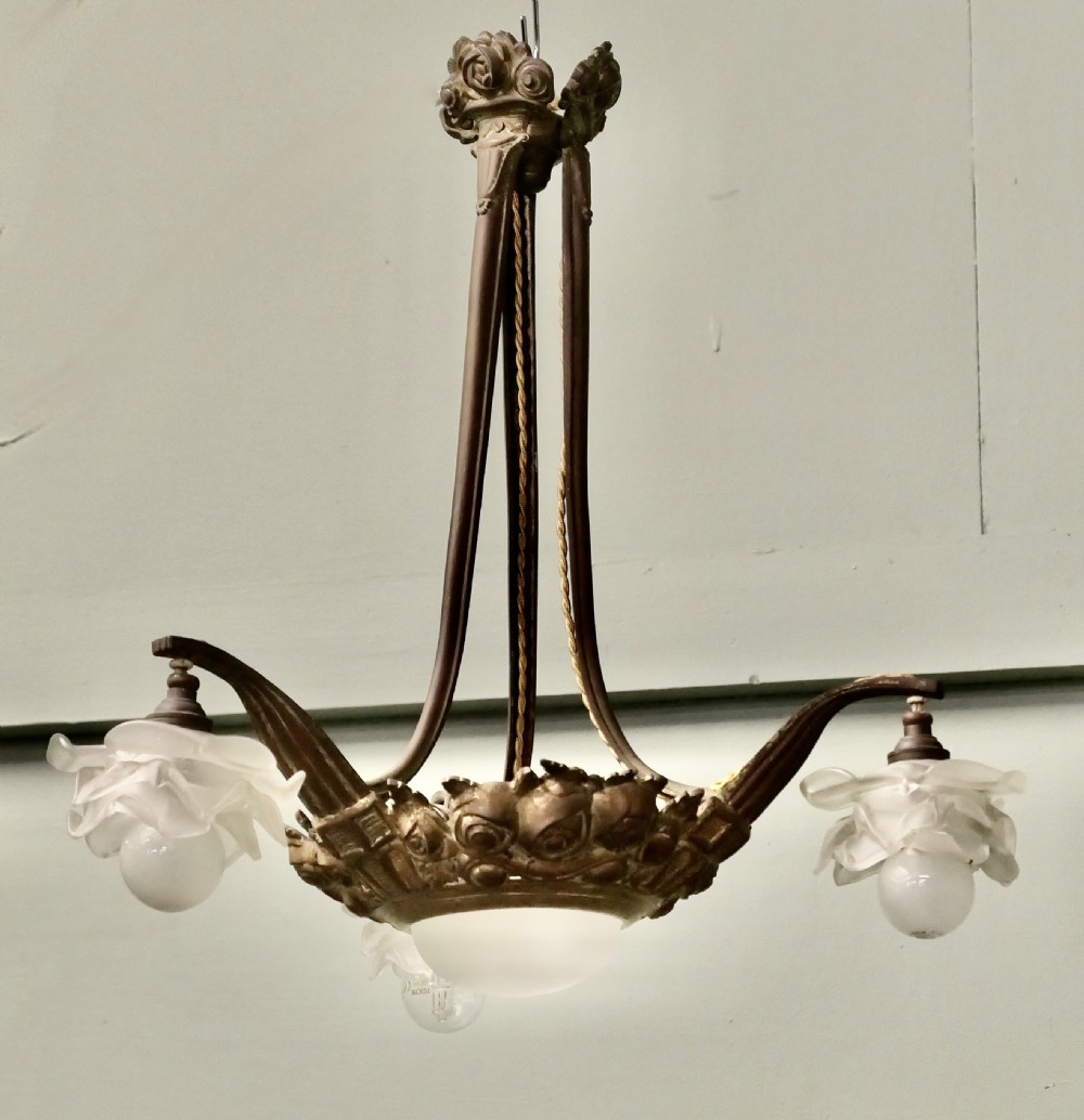 Art Deco Brass and Glass 3 Branch Centre Light View III